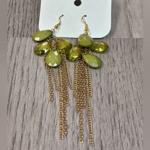 Gold Chain Fringe Drop Earrings with Olive Green Beads